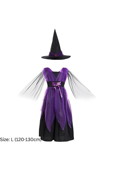 Generic Girls Purple Witch Costume – Size L (120–130 cm) – Includes Dress & Hat – Halloween Outfit