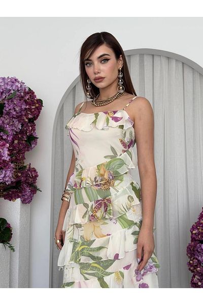 Julishop Patterned Strap Ruffle Detail V Neck Lined Maxi Long Length Premium Dress