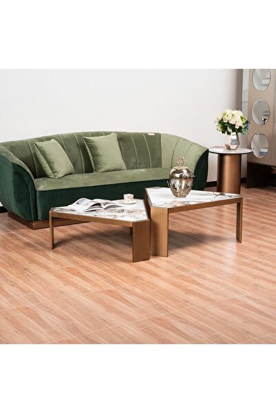 Danube Home Rikkon Set of 2 Coffee Tables - Brushed Brass Ceramic, Stylish Li...