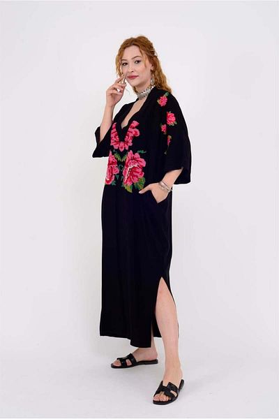 GÜLDEN KATRAN Women's Rose Pattern V-Neck Dress