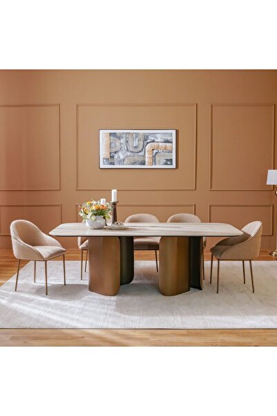 Danube Home Skylar 1+8 Ceramic Dining Set - Beige/Brushed Brass
