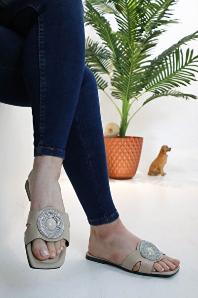 Moda Anna Flat Bottom Brooch Silicone Stone Women's Summer Slippers Nw Cream