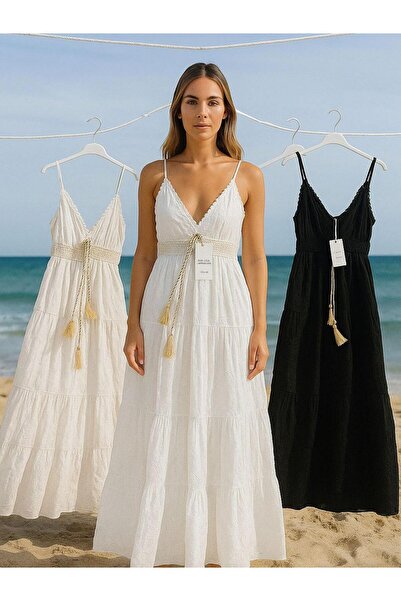 Tuana Otantik Nakış Detaylı Askılı İtalyan Elbise