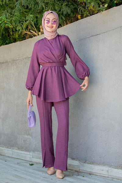 Tesettür Çarşım Bety Linen Cruiser Tunic Trousers Set-Purple