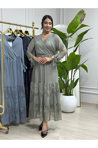 butikbanum Haki Renk Kruvaze Yaka İtalyan Stili İpek Elbise