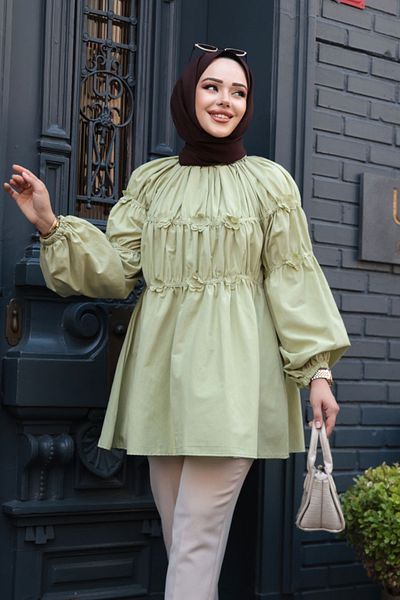 N.S NEVA STYLE Green Hijab Tunic with Gather Detail 101033Cy