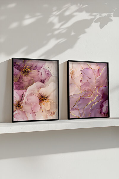 STARYUNA Σετ 2 τραπέζια με μωβ μαρμάρινο εφέ μαύρο ξύλινο πλαίσιο Yuna32