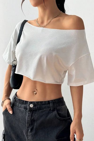 Tarz Cool Women's Black - White 2 Pack Boat Neck Oversize Crop T-Shirt