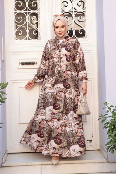 N.S NEVA STYLE Patterned Khaki Hijab Dress 19037Hk