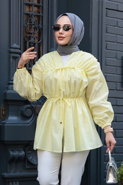 N.S NEVA STYLE Κίτρινο Hijab Τουνίκ με λεπτομέρεια Gather 101042SR