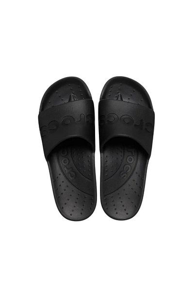 Crocs Унисекс лого на марката - стилни и нехлъзгащи се удобни, издръжливи чехли с една лента с дебела подметка, черни