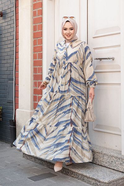 N.S NEVA STYLE Patterned Indigo Blue Hijab Dress 19036Im