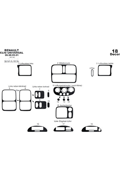 Marscockpitdesign رينو كليو مطلي بالألمنيوم 1998-2001 18 قطعة