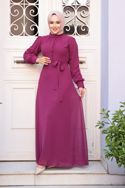 Neva Style Φούξια Φόρεμα Χιτζάμπ με Λεπτομέρεια με Κουμπιά 2703F