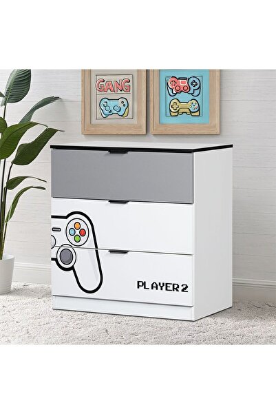 danube Gamerzone 3-Drawer Dresser for Kids - White & Grey Engineered Wood, 80x40x80cm, 2-Year Warranty