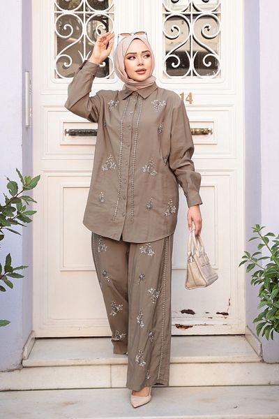 N.S NEVA STYLE Set dublu Hijab kaki deschis brodat cu margele 19030AHK