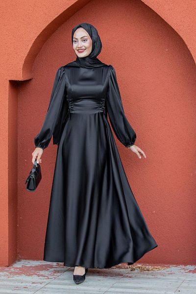 Tesettür Çarşım Visy Corsage Tie Detail Satin Evening Dress-Black