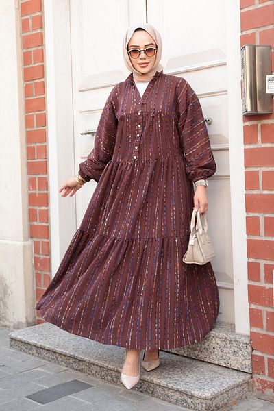N.S NEVA STYLE Striped Brown Hijab Dress 103016Kh