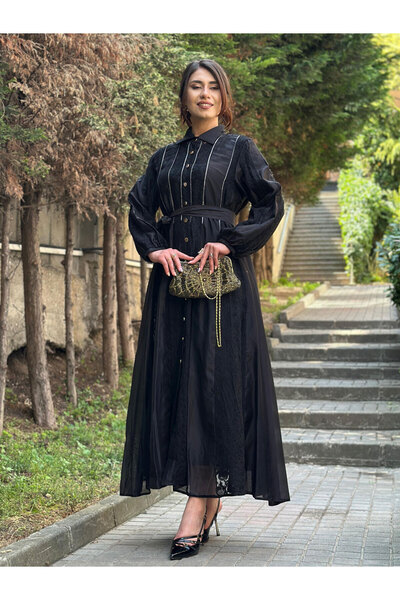 butikbanum Siyah Önden Düğmeli Kemer Güpür Detaylı Özel Tasarım İthal İpek El...