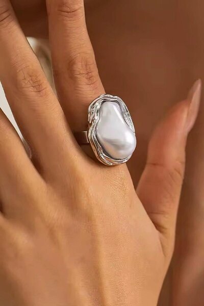 TAKIŞTIR Silver Color Pearl Detailed Adjustable Ring