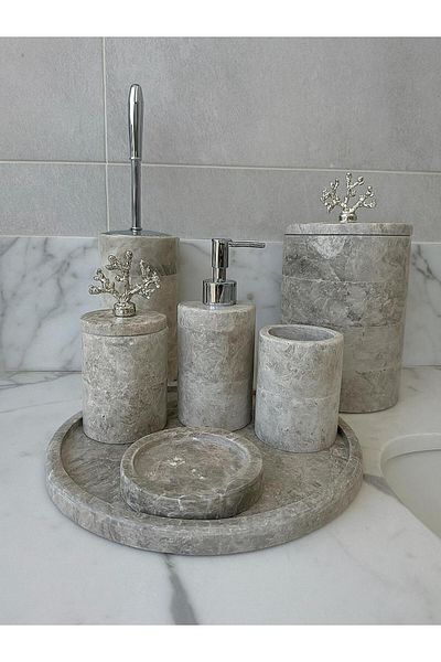 Modestmar Gray Marble Round Bathroom Set Set of 7 with Silver Coral Object