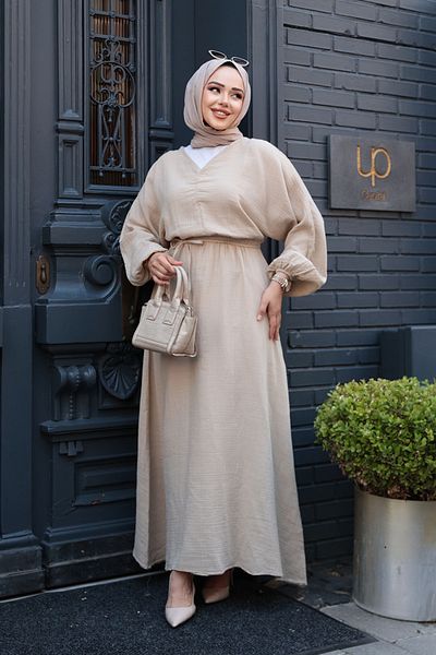 N.S NEVA STYLE Beige Hijab Muslin Dress 19033Bej