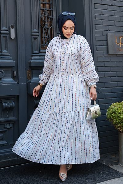 N.S NEVA STYLE Striped Ecru Hijab Dress 103016E