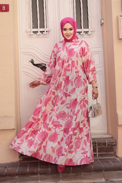 N.S NEVA STYLE Patterned Pink Hijab Dress 19035P
