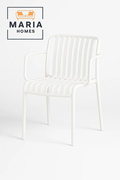 MARIA HOMES White Plastic Armchair with Slatted Design – Stackable Outdoor Chair for Garden or Patio