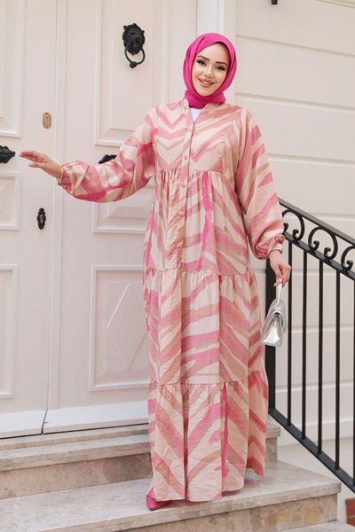 N.S NEVA STYLE Patterned Pink Hijab Dress 19036P