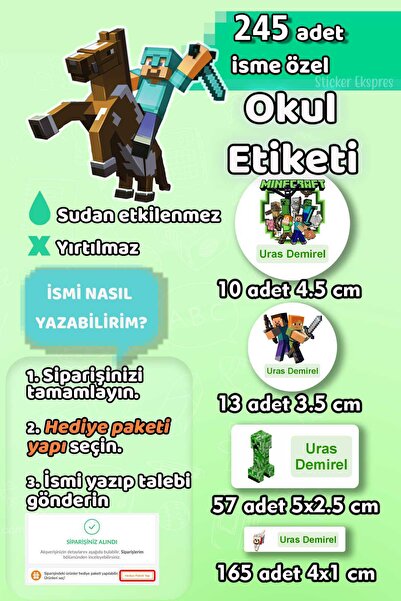 Sticker Ekspres Okul Etiketi Minecraft Kalem Defter Etiketi Özel İsim Yazılab...