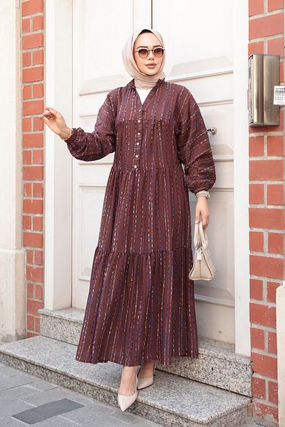 N.S NEVA STYLE Striped Brown Hijab Dress 103016Kh