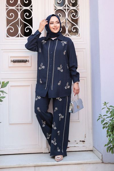 N.S NEVA STYLE Set dublu Hijab bleumarin cu broderie de mărgeluțe 19030L