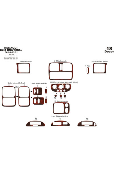Marscockpitdesign رينو كليو مطلي بالألمنيوم 1998-2001 18 قطعة