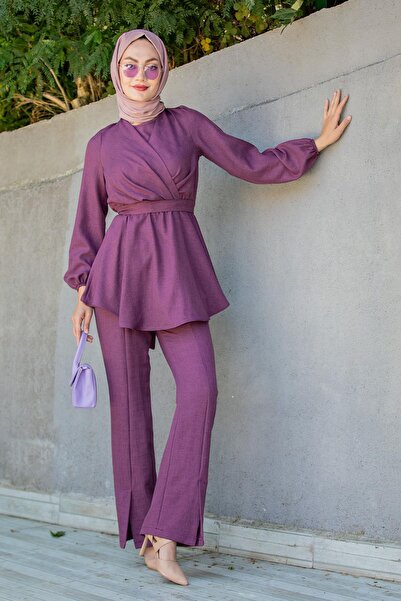 Tesettür Çarşım Bety Linen Cruiser Tunic Trousers Set-Purple