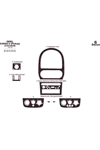 Marscockpitdesign أوبل كورسا C قطع غيار كونسول-تغطية الطبلون 2003-2006 6 قطع