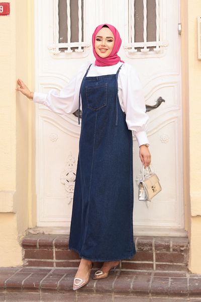 N.S NEVA STYLE Navy Blue Hijab Jeans Salopet Dress 19014L