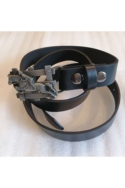 Butik Tülin Unisex Authentic Faux Leather Black Metallic Gray Hurdle Jumping Horse and Jockey Small Cowboy Buckle Belt