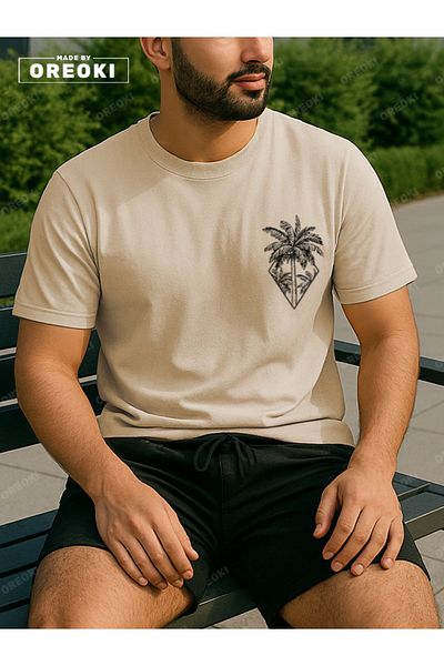 EFFRENATU Orki Tropical Diamond Men's Summer Shorts Set – Palm Printed Beige T-Shirt & Black Shorts