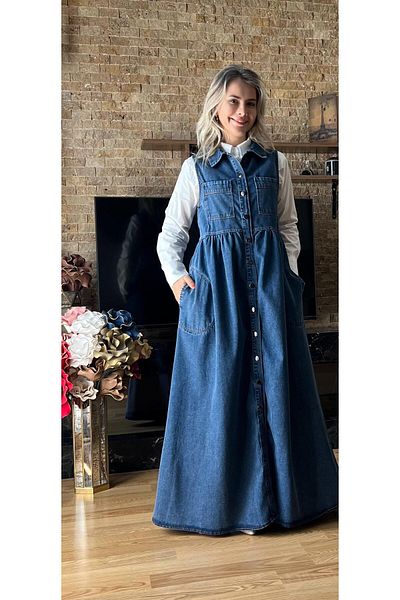 Cardella Women's Sleeveless Buttoned Pocket Denim Gilet Dress – Seasonal Denim Full Length Buttoned