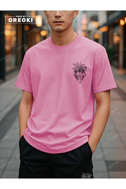 EFFRENATU Orki Tropical Diamond Men's Summer Shorts Set – Palm Printed Pink T-Shirt & Black Shorts