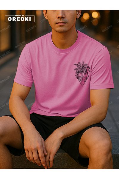 EFFRENATU Orki Tropical Diamond Men's Summer Shorts Set – Palm Printed Pink T-Shirt & Black Shorts