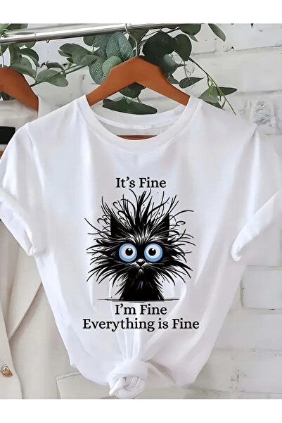 VOICTEC تي شيرت نسائي برقبة دائرية مطبوع عليه قطة كبيرة الحجم