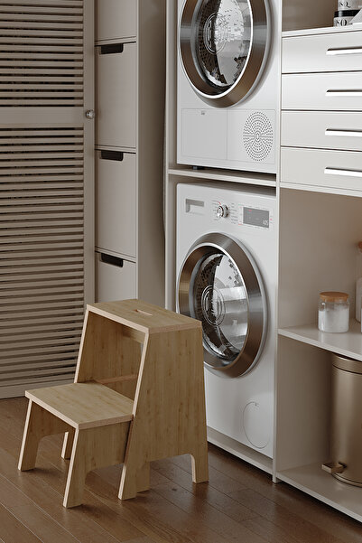 YüceerHome İki Basamaklı Merdiven Tabure Kayar Basamaklı Yer Kaplamayan Sağlam Merdiven MDF LAM Safir Meşe