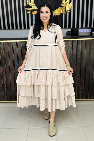 GÖKSEL Striped Farbelali Linen Large Size Dress