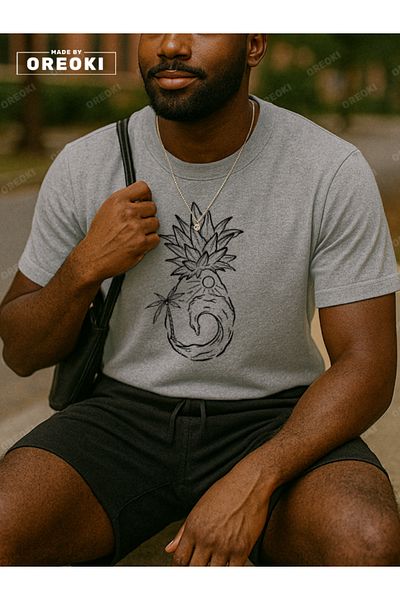 EFFRENATU Orki Summer Pineapple Men's Summer Shorts Set – Tropical Printed Gray T-Shirt & Black Shorts