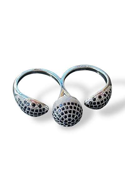 TAKIŞTIR Silver Color Adjustable Ring with Double Snake Figure