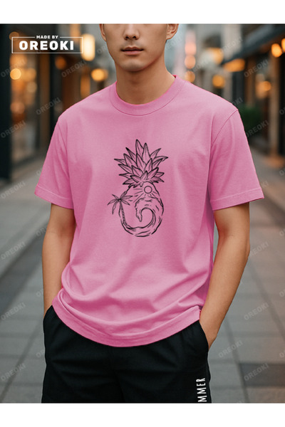 EFFRENATU Orki Summer Pineapple Men's Summer Shorts Set – Tropical Printed Pink T-Shirt & Black Shorts