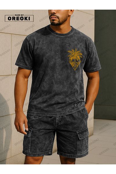 EFFRENATU Orki Tropical Diamond Men's Summer Shorts Set – Palm Printed Tie Dye T-Shirt & Black Shorts