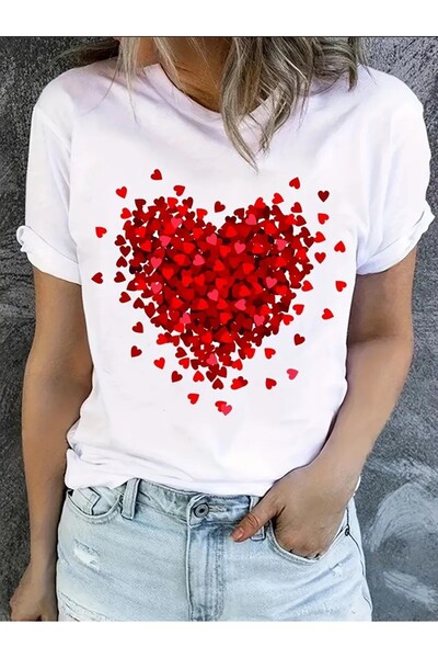 VOICTEC Γυναικείο μπλουζάκι Oversize Red Hearts με στάμπα Crew Neck